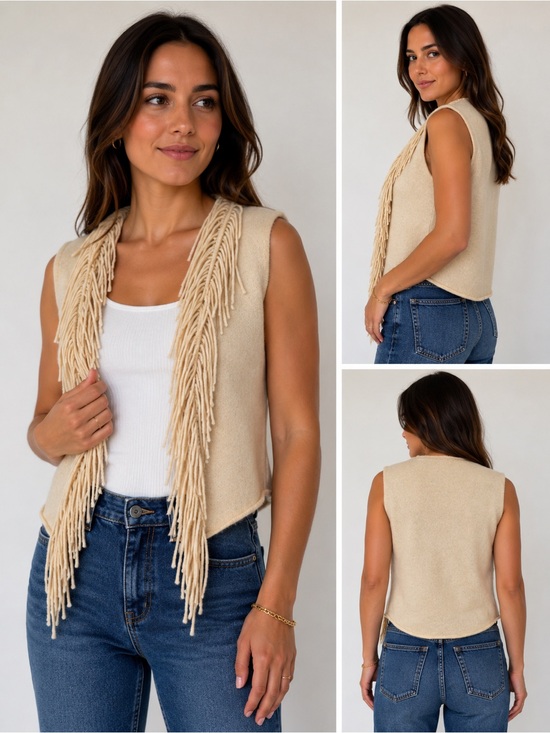 Minnie Rose Jackets & Blazers - Minnie Rose 100% Cashmere Fringe Vest XS Cream Oatmeal Quiet Luxury Boho